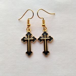Cross Charm Earrings Dangle Hook Black Enamel Gold Tone Handmade Religious Gift